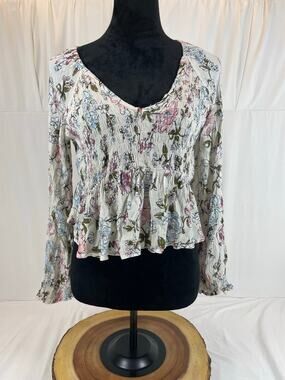 Planet Gold Floral Smocked Peplum Top L Cream Pink Blue Long Sleeve Flare Boho